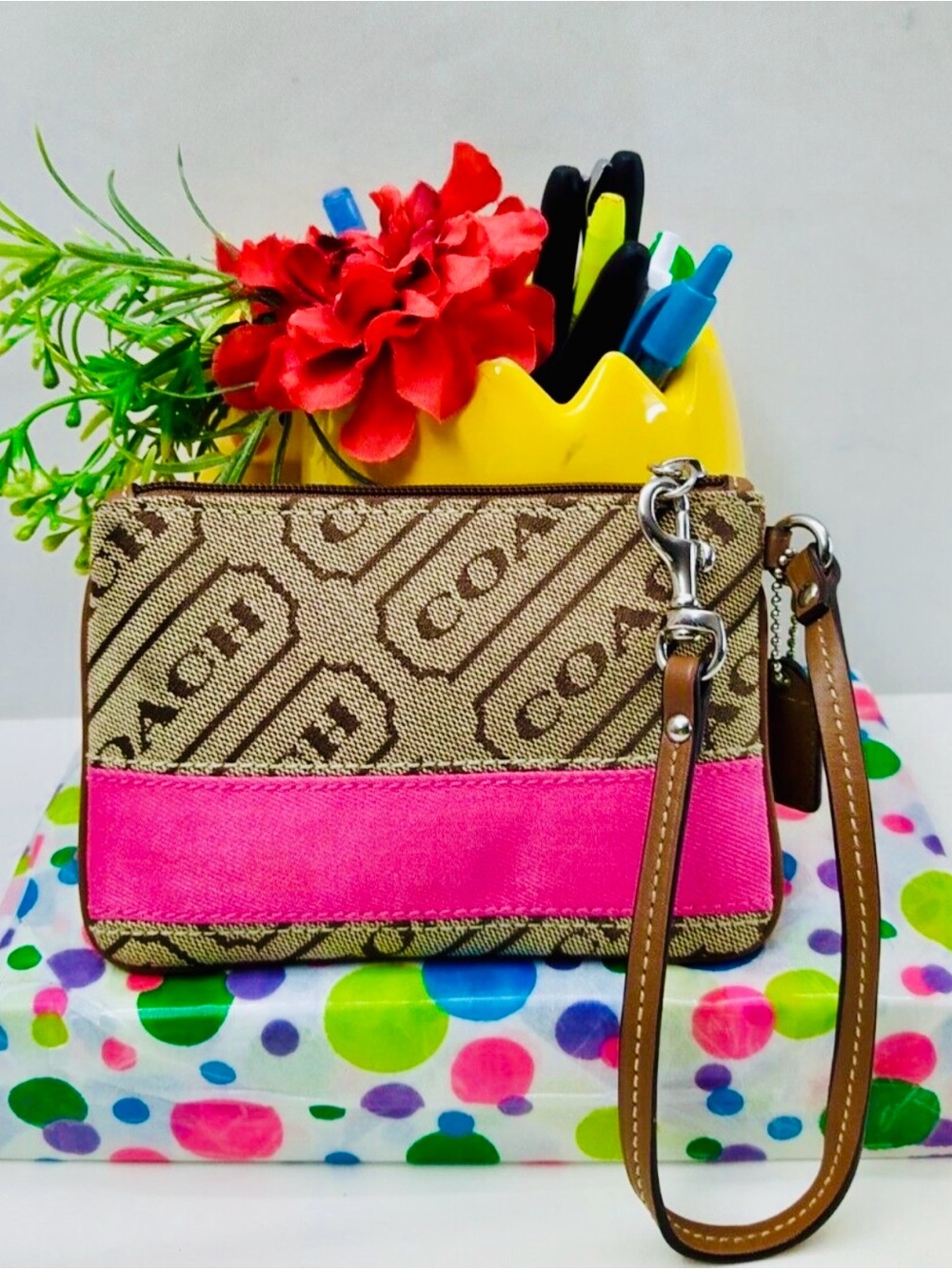 Coach Beige Signature Canvas Wristlet with Hot Pink Stripe